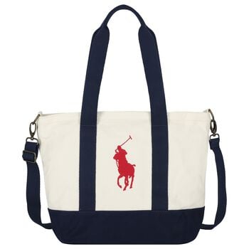 Girls Ivory & Navy Blue Canvas Pony Logo Tote Bag ( 44cm )