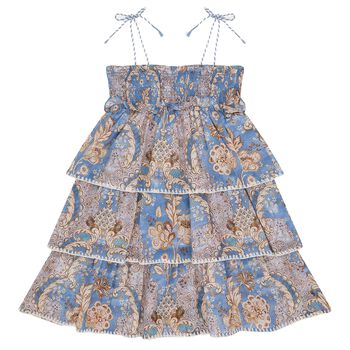Girls Blue & Beige Floral Tiered Dress