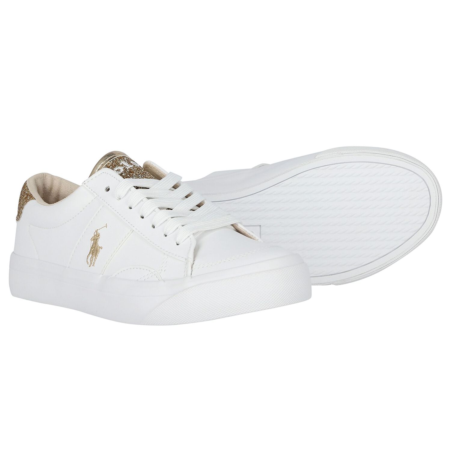 Girls White & Gold Logo Trainers, 1, hi-res