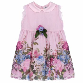 Girls Pink Floral Printed Collared Dress