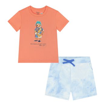 Baby Boys Orange & Blue Polo Bear Shorts Set