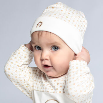 Ivory & Gold Pima Cotton Logo Baby Hat