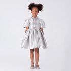 Girls Metallic Silver Glittery Bows Dress, 1, hi-res