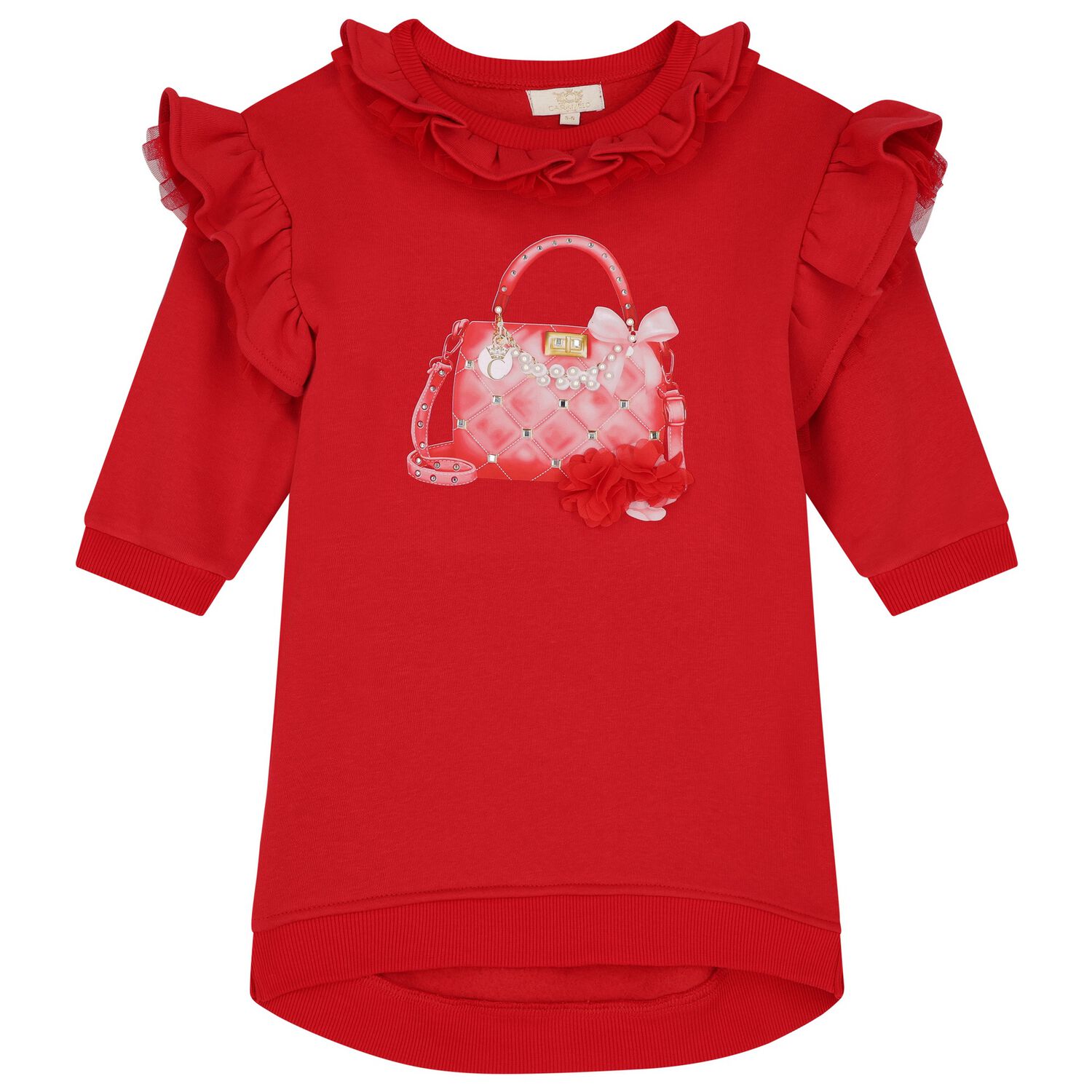 Girls Red Logo Bag Ruffled Dress, 1, hi-res