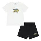 Younger Boys White & Black Logo Shorts Set, 1, hi-res