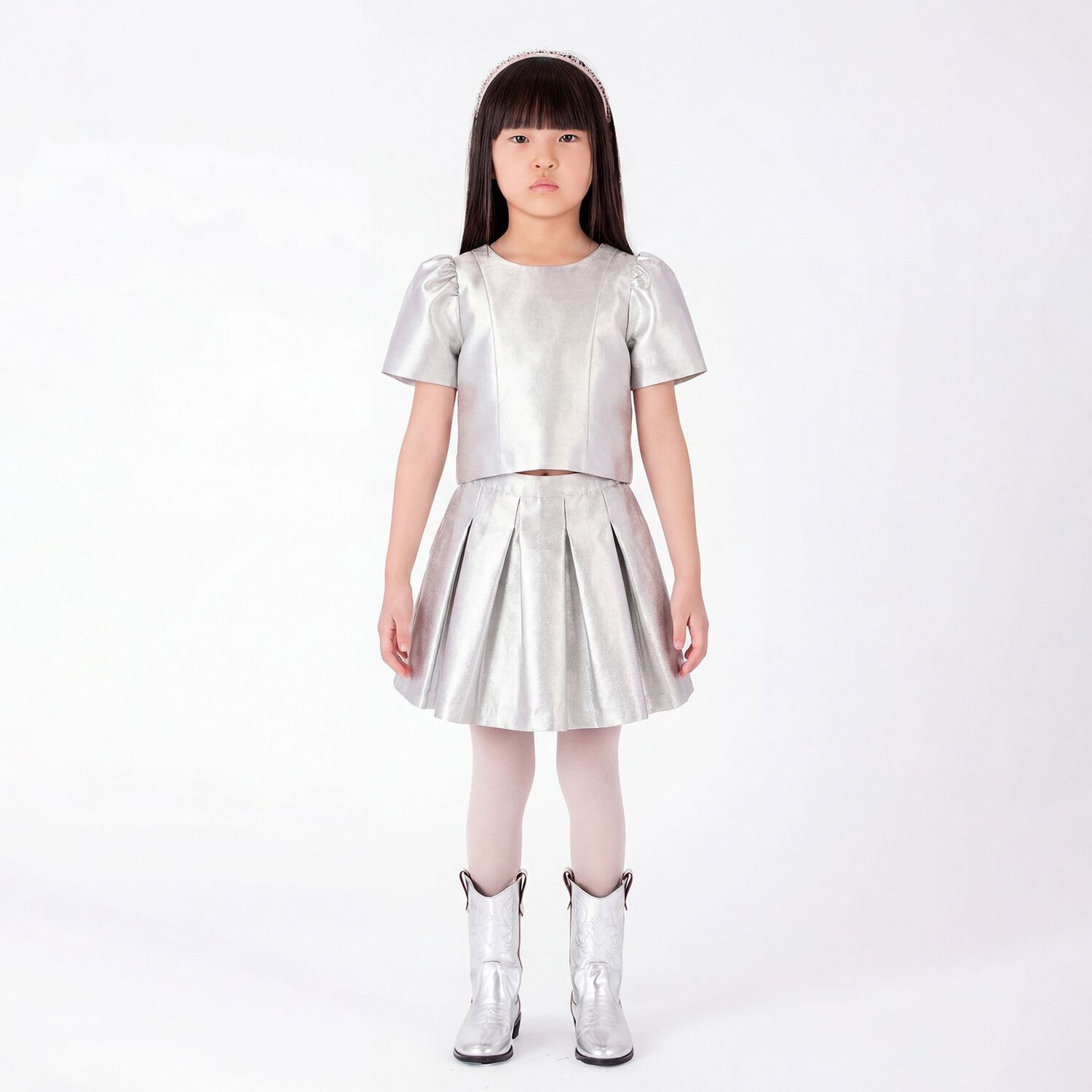 Girls Metallic Silver Bow Skirt Set, 1, hi-res