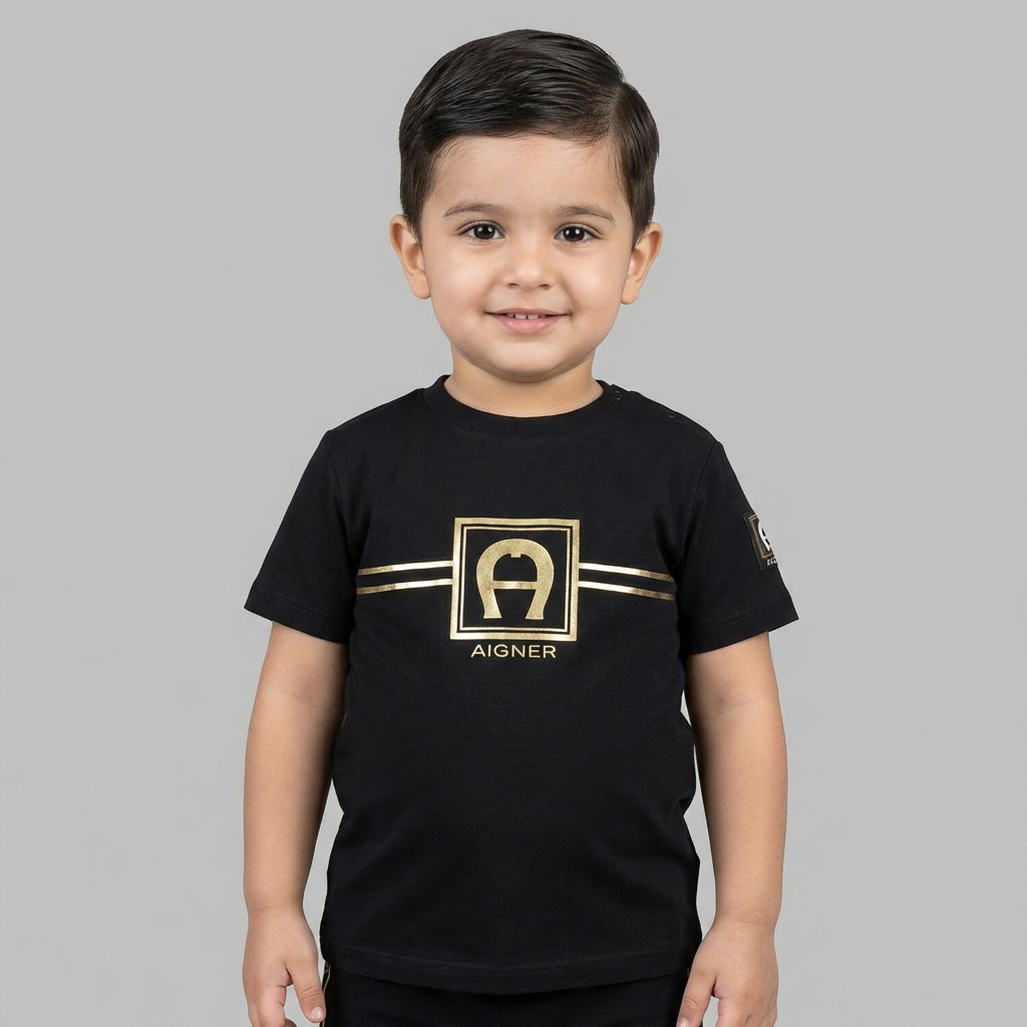 Younger Boys Black & Gold Logo T-Shirt, 2, hi-res