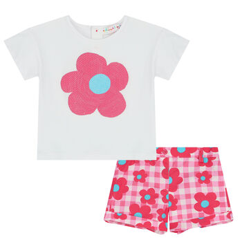Girls White & Pink Flower Shorts Set