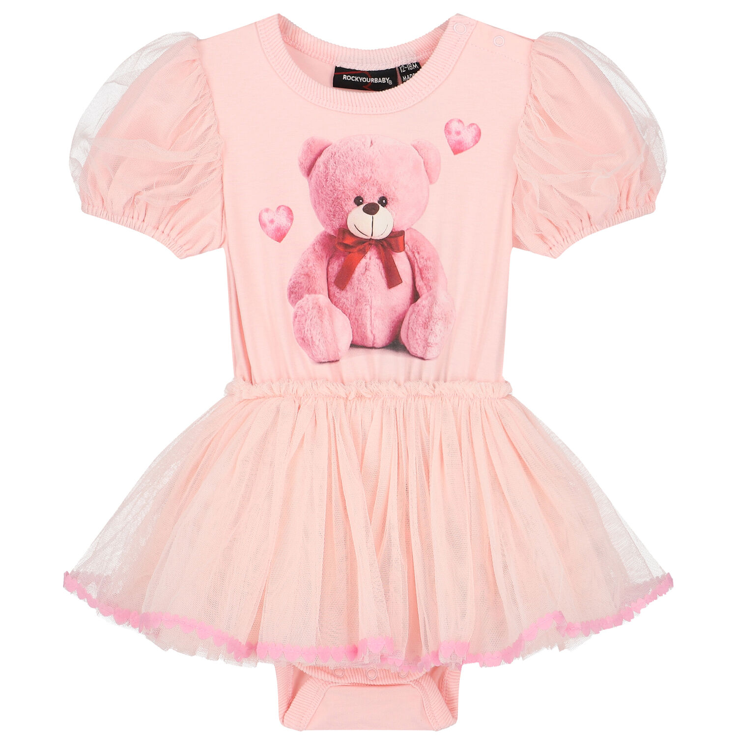 Baby Girls Pink Teddy Bear Tulle Dress, 1, hi-res