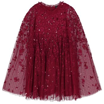 Girls Red Embroidered & Sequinned Tulle Cape Dress