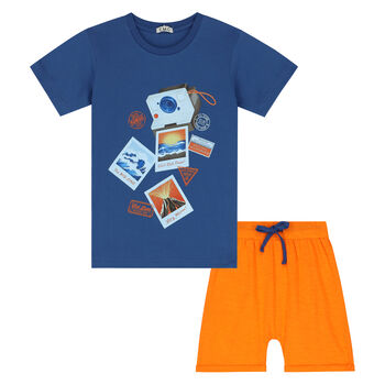 Boys Blue & Orange Camera Shorts Set