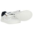 Boys White & Navy Blue Logo Trainers, 2, hi-res