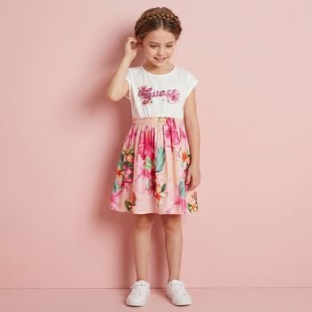 Girls Ivory & Pink Logo Floral Dress