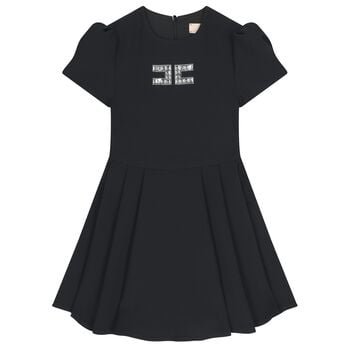 Girls Black Diamante Logo Pleated Dress