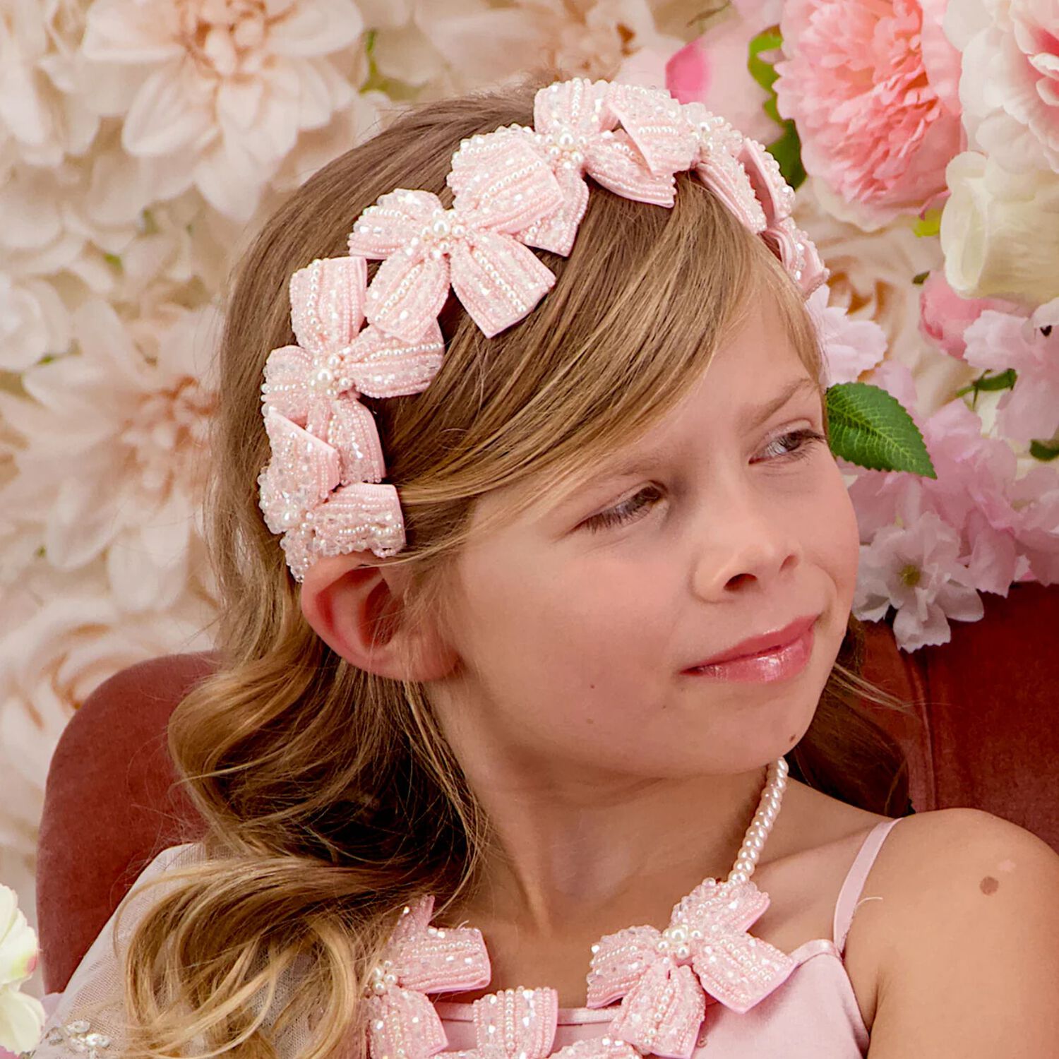 Girls Pink Embellished Crystal & Pearl Headband, 1, hi-res image number null