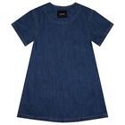Girls Blue Denim Sequinned Floral Dress, 1, hi-res