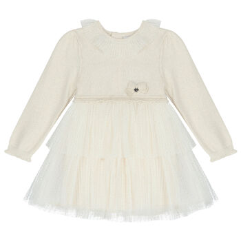 Younger Girls Ivory Knitted & Tulle Dress 