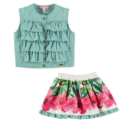 Girls Green & White Floral Skirt Set