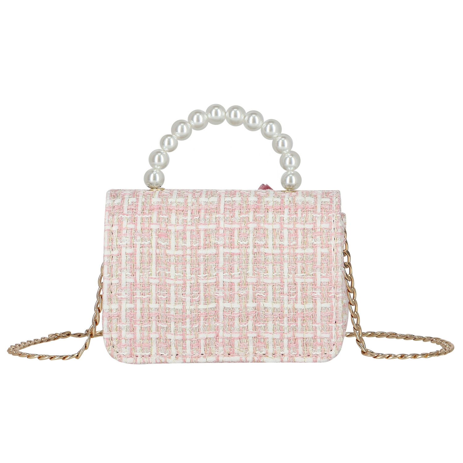 Girls Ivory & Pink Tweed Bow Bag, 1, hi-res