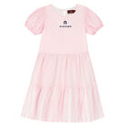 Girls Pink & White Striped Logo Dress, 2, hi-res