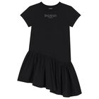 Girls Black Rhinestone Logo Dress, 1, hi-res