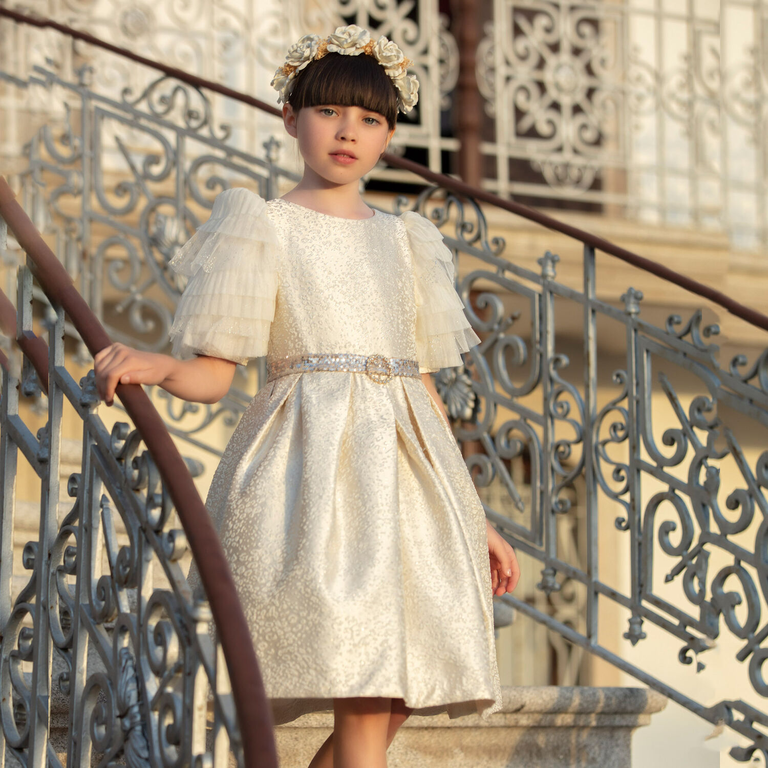 فستان بنات مطرز باللون العاجي و الفضي , 1, hi-res