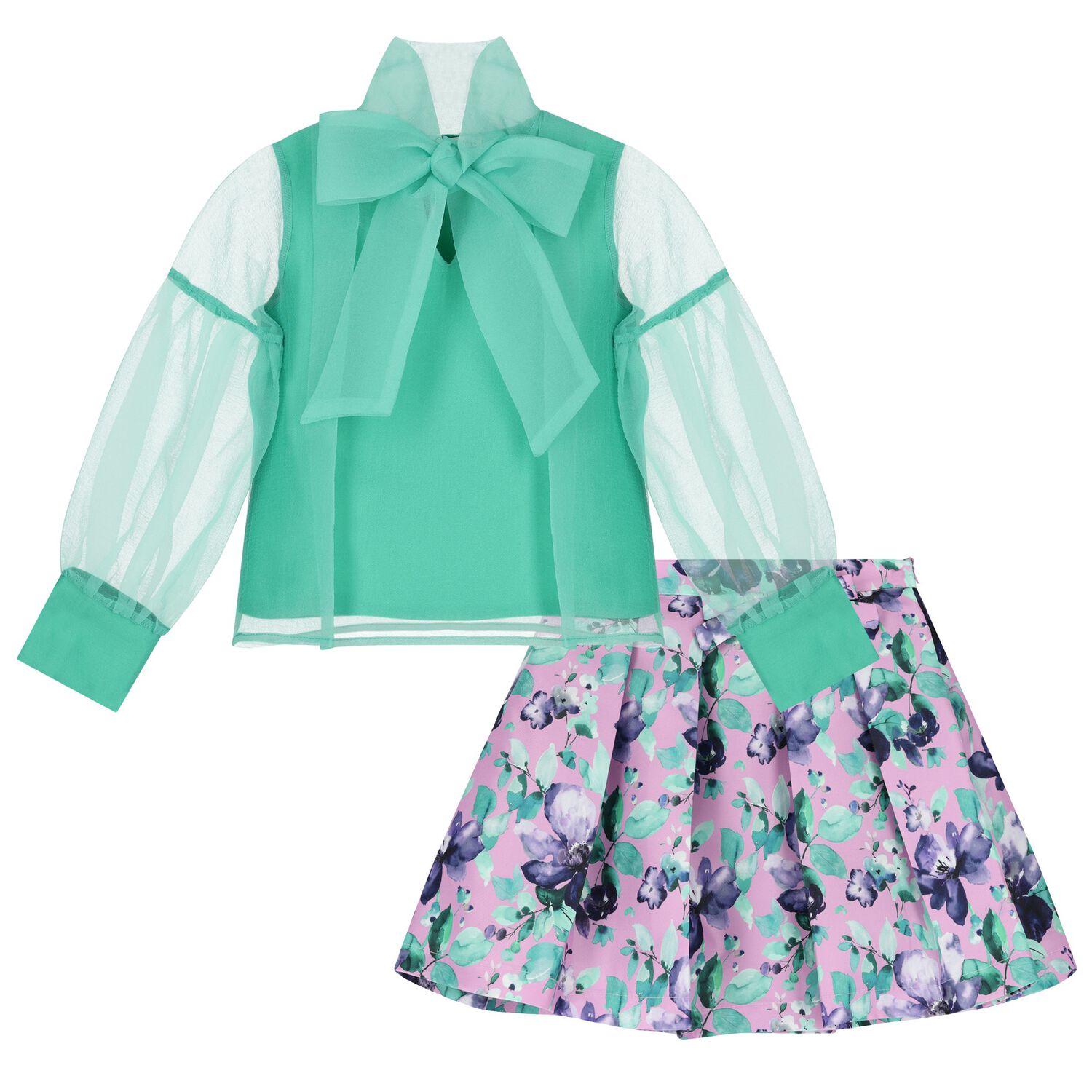 Girls Green & Purple Bow Skirt Set, 1, hi-res