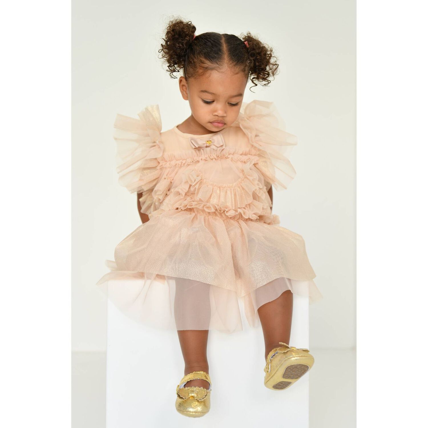 Baby Girls Beige Sequin Tulle Dress, 1, hi-res