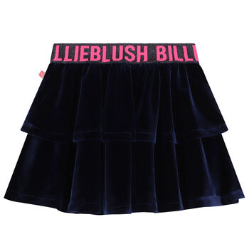 Girls Navy Blue Velvet Logo Skirt