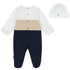 Baby Boys White, Beige & Navy Blue Logo Babygrow Set, 1, hi-res