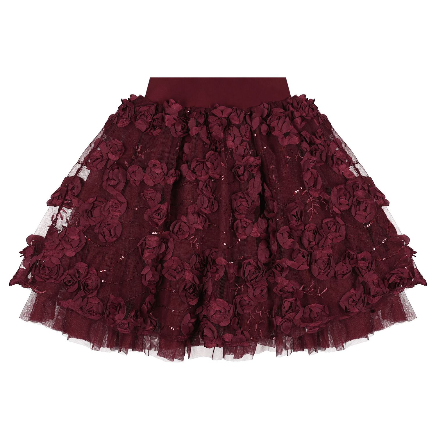 Girls Burgundy 3D Flower & Sequin Tulle Aliza Skirt, 1, hi-res