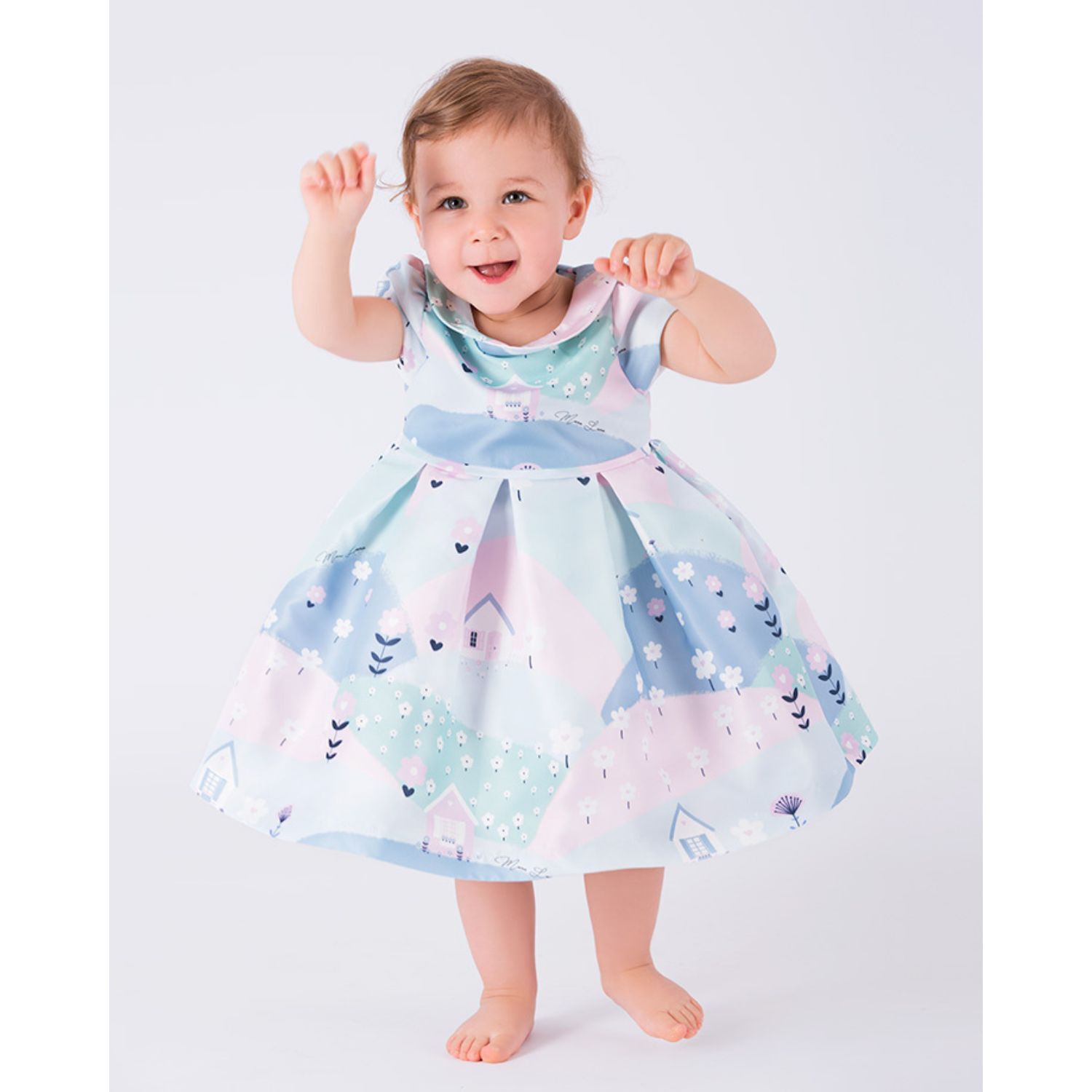 فستان ساتان باللون  الأزرق والوردي للبنات  , 1, hi-res