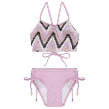 بكينى للبنات كروشيه بشكل متعرج باللون البنفسجى و الاسود والعاجى 