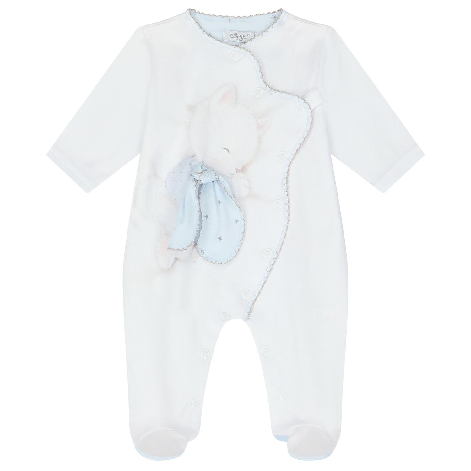 Baby Boys White & Blue Kitten Babygrow, 1, hi-res