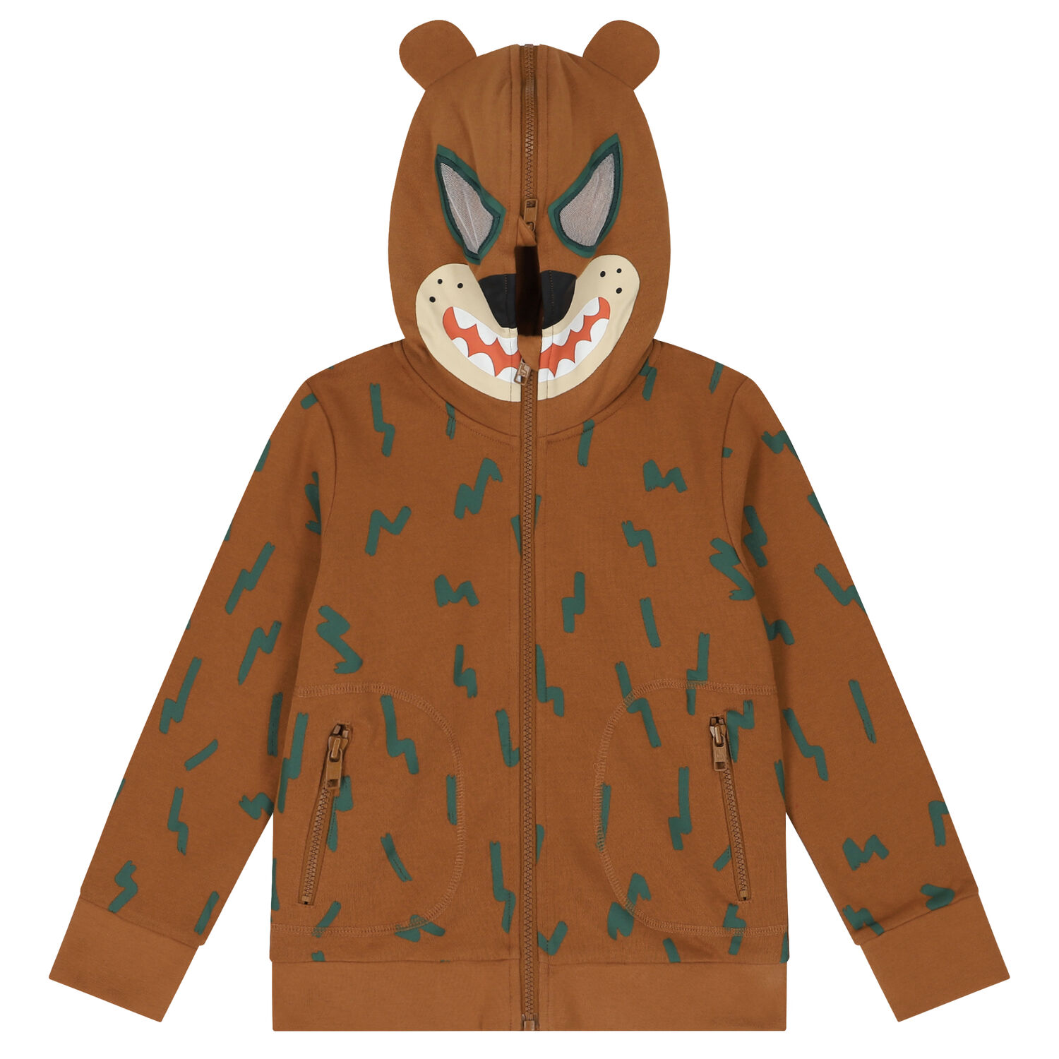 Boys Brown Bear Hooded Zip Up Top, 1, hi-res