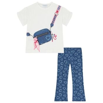 Girls White & Denim Blue Heart Leggings Set