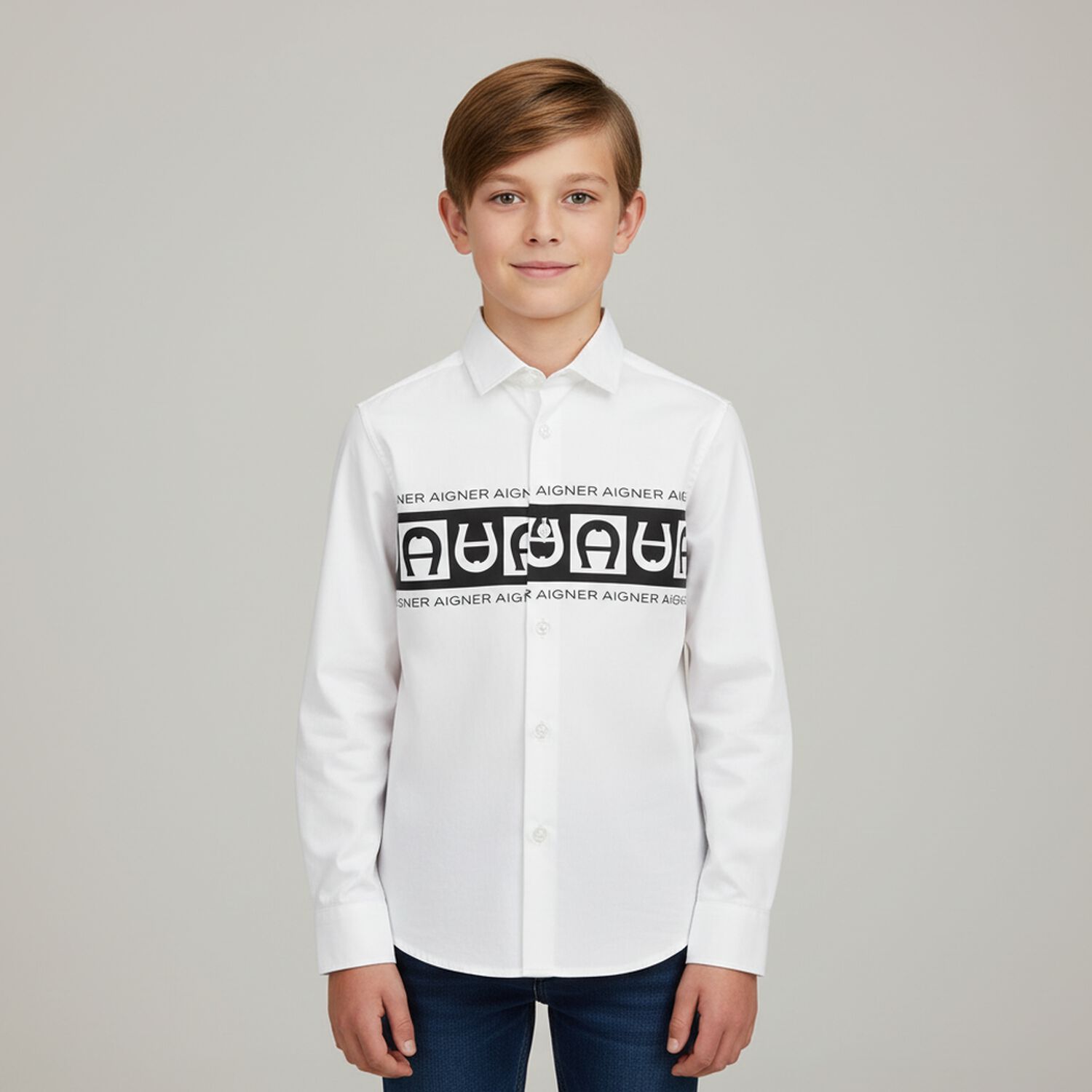 Boys White Logo Shirt, 1, hi-res