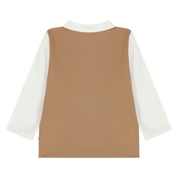 قميص بولو بشعار باللونين الأبيض والبيج للأولاد الصغار