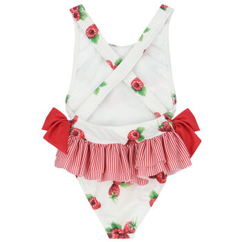 Girls White & Red Raspberries Swimsuit