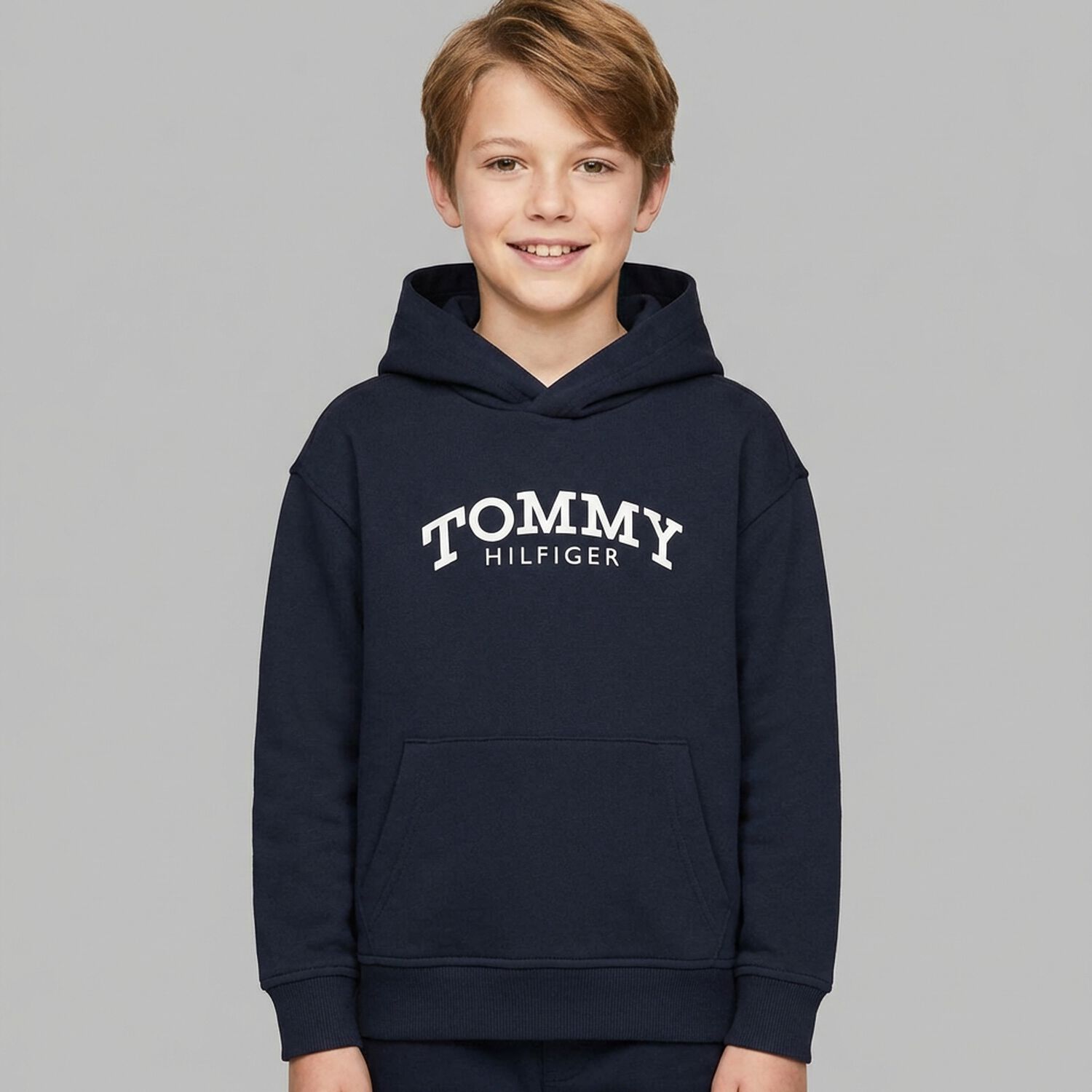 Boys Navy Blue Logo Hooded Top, 2, hi-res
