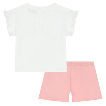 Younger Girls White & Pink Teddy Bear Logo Shorts Set