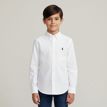 Boys White Slim Fit Logo Shirt