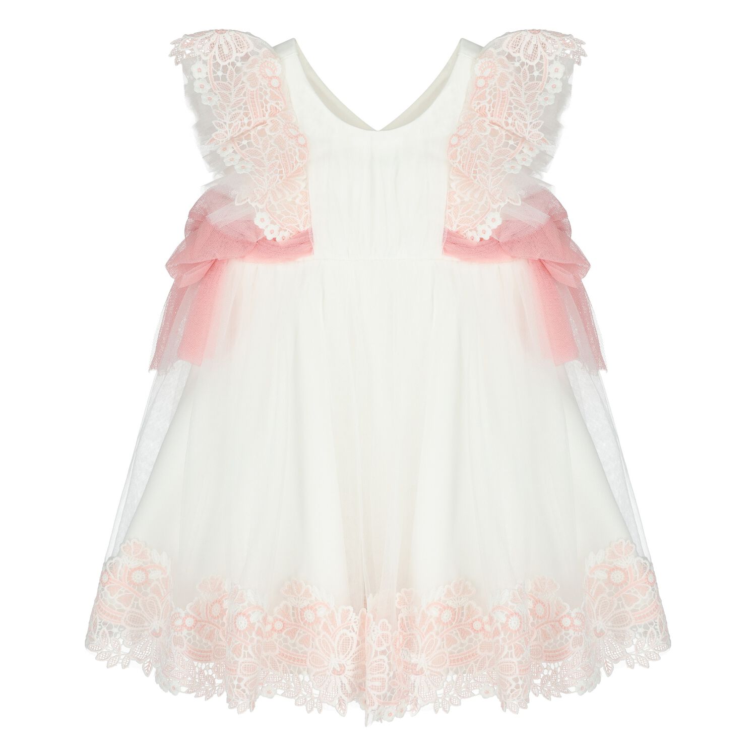 Younger Girls White & Pink Tulle Lace Dress, 1, hi-res