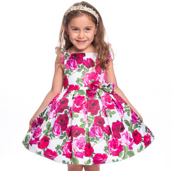 Girls White & Pink Rose Satin Dress