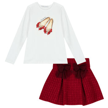 Girls White & Red Teddy Bear Skirt Set