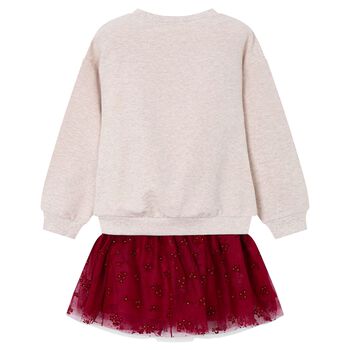 Girls Beige & Red Flower Skirt Set