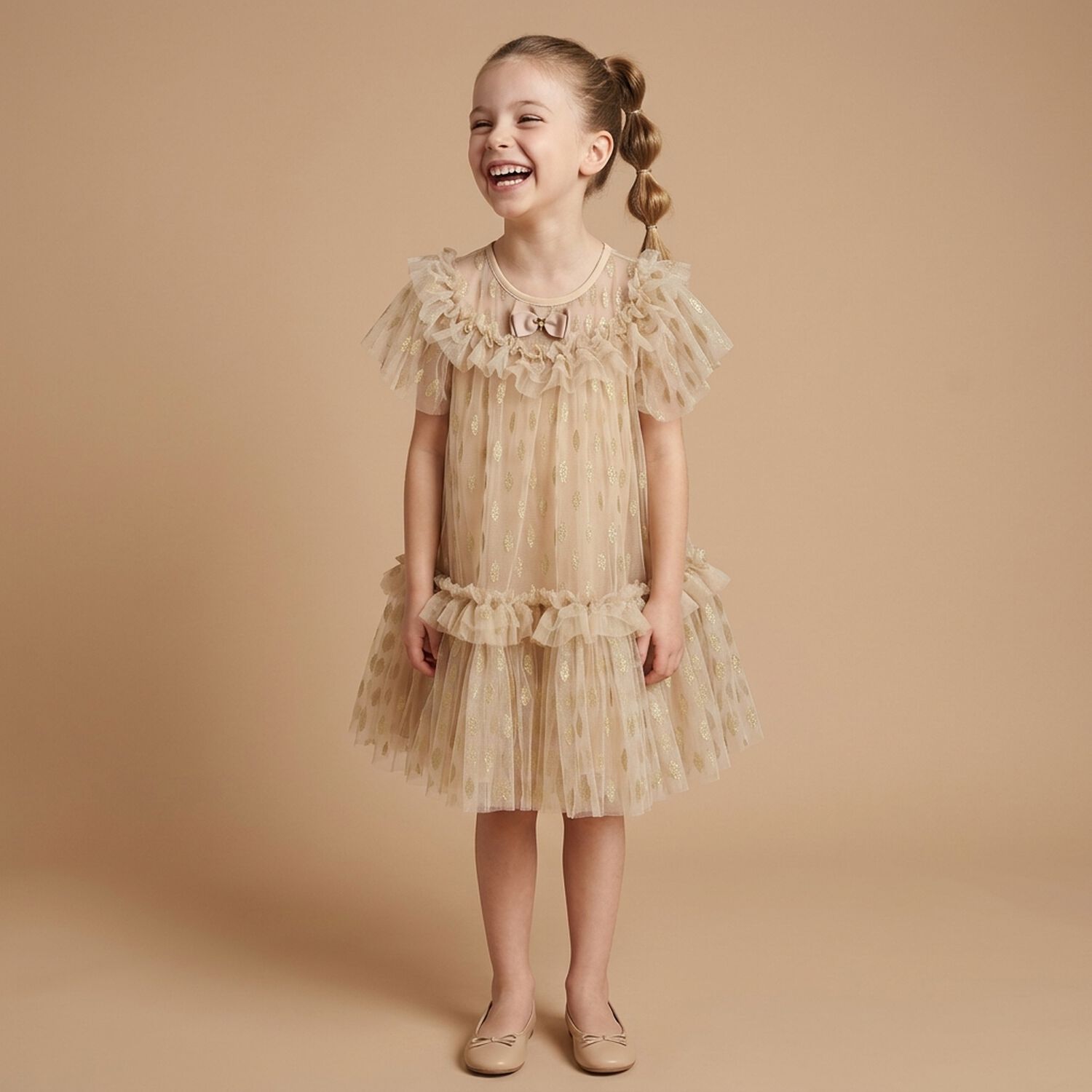 Girls Gold Bow Tulle Dress, 1, hi-res