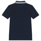 Boys Navy Blue Cable Knit Polo Shirt, 1, hi-res