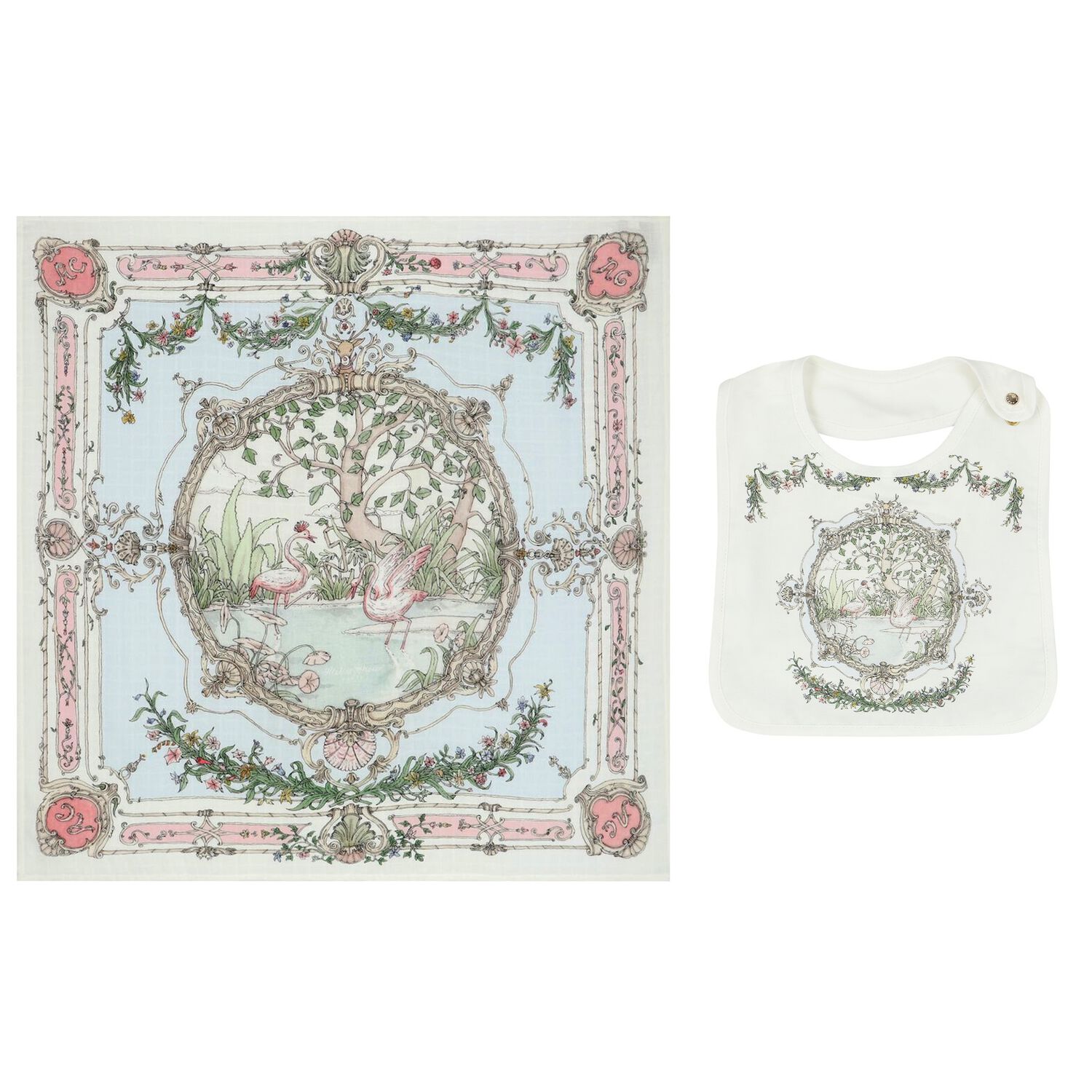 Ivory & Blue Tapestry Baby Swaddle & Bib Gift Set, 1, hi-res image number null