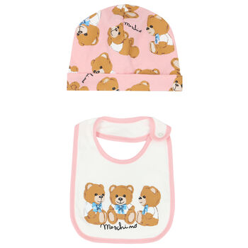Pink & Ivory Teddy Logo Hat & Bib Set